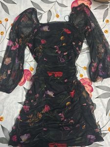 Chic Floral Mesh Ruched Dress