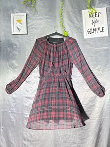 MANGO Red Plaid Long Sleeve Dress