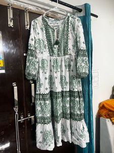 Boho Chic White & Green Print Dress