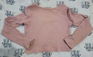 Women's Pink Ribbed Long Sleeve Crop Top