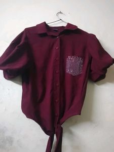 Burgundy Tie-Front Top with Sequin Pocket