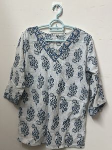 White & Blue Floral Printed Short Kurti