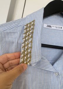 Blue Striped Shirt with Embellished Collar