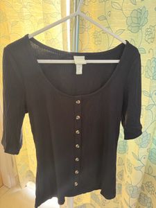 Black Ribbed Button-Up Top