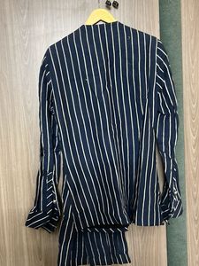 Navy &amp; White Striped Asymmetrical IndoWestern