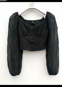 Chic Black Textured Puff Sleeve Top