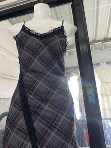 Chic Plaid Midi Dress with Lace Trim