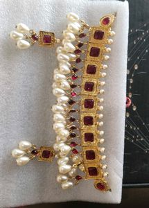 Brand New Gold Tone Red Stone Pearl Choker Necklac