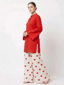Chic Red Kurta with Heart Print Palazzo Pants