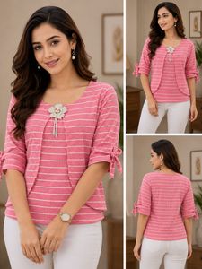 Striped Pink Top with Embellished Brooch