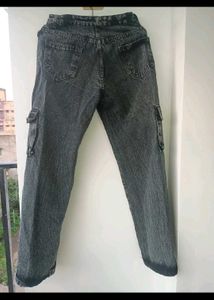 wash faded Black charcoal Cargo Jeans wide leg