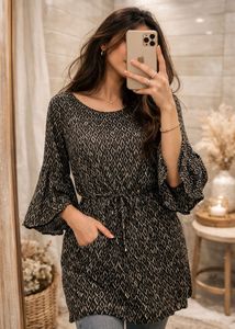 ZARA Elegant Black Patterned Tunic Top