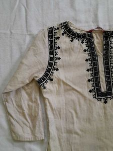 Embroidered Cream Kurta Pant Set