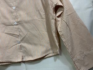 Women Brown Striped Collar Crop Shirt Top