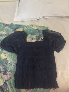 Navy Smocked Puff Sleeve Top