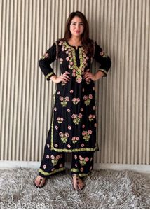 Black Kurta Set with Pink Floral Embroidery