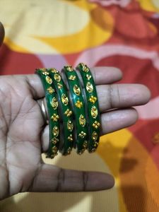 Set of 4 Green Bangles with Gold Embellishments