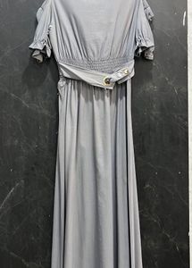 Grey Cold-Shoulder Midi Dress with Grommet Belt
