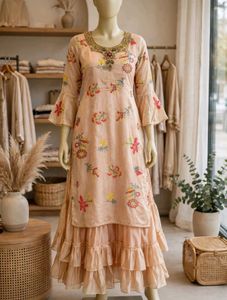 Peach Embroidered long Aline type frock