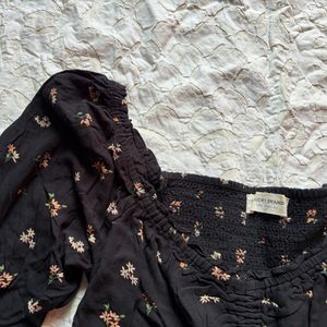 Black Floral Print Square Neck Top