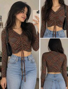 Brown Plaid Ruched Tie-Front Crop Top-Ful