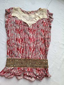 Red Patterned Smocked Top with Crochet Neck