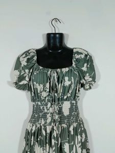 Pastel Olive Green Printed Dress For Women's