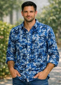 Men's Blue Leaf Print Button-Up Shirt