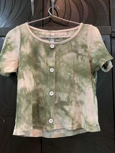 Green Tie-Dye Ribbed Button Front Top