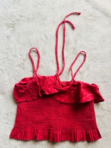 pink Smocked Ruffle Crop Top and trouser