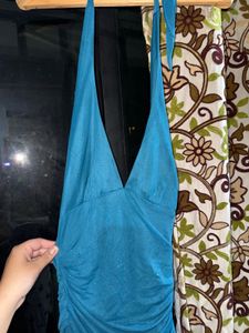 Blue Ruched Halter Neck Midi Dress