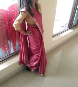 Elegant Pink Saree with Gold Border