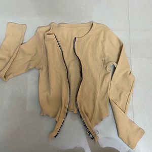 Ribbed Knit Zip Cardigan Cropped Top