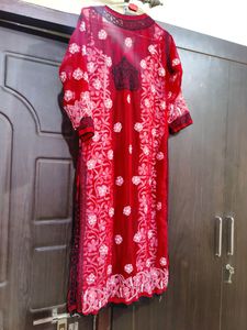 Chikankari Red Kurti With White Threadwork