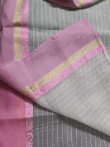Elegant White Pink Zari Linen Saree