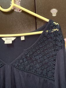 Navy Blue Lace Trim V-Neck Top