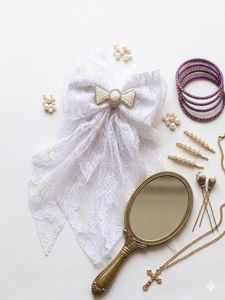 Elegant White Lace Bow Hair Clip with Rhinestones