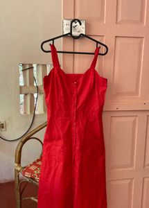 Vibrant Red Button-Front Midi Dress