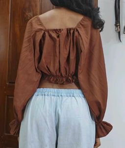 Brown Off-Shoulder Tie-Up Top with Puff Sleeves