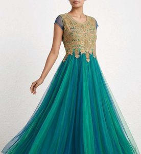 Elegant flared teal blue and green embroidery gown