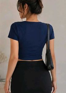 Blue Ruched Drawstring V-Neck Crop Top