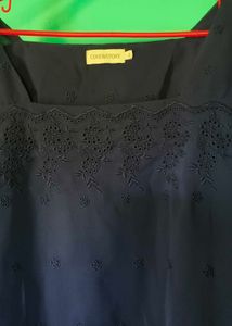 Dark Blue Embroidered Bell Sleeve Blouse