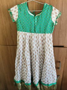 Elegant White &amp; Green Anarkali Suit