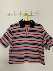 Striped Polo Boxy Crop T-Shirt