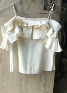 White Ruffle Off Shoulder Top | Poly Crepe | Party