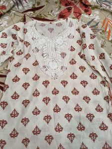 Cream Cotton Kurta with Red Print