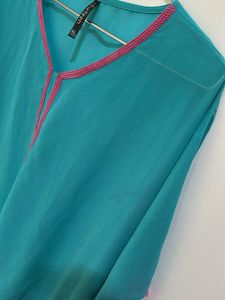 Blue Kaftan Top with Pink Pom Poms