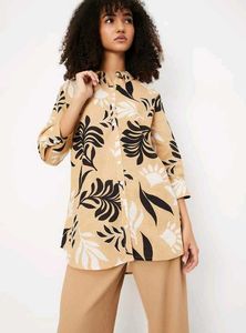 Beige Floral Print Button-Up Tunic