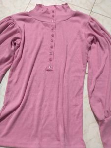 Pink Puff Sleeve Button-Up Top