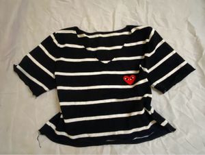 Korean Striped V-Neck T-Shirt with Heart Patch